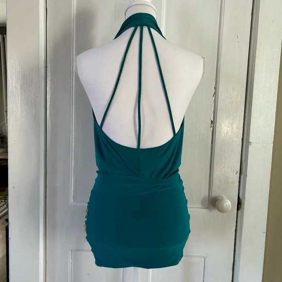 Symphony Turquoise Drape Front Dress with Gold Chain Sides NWOT size Small - Picture 2 of 8